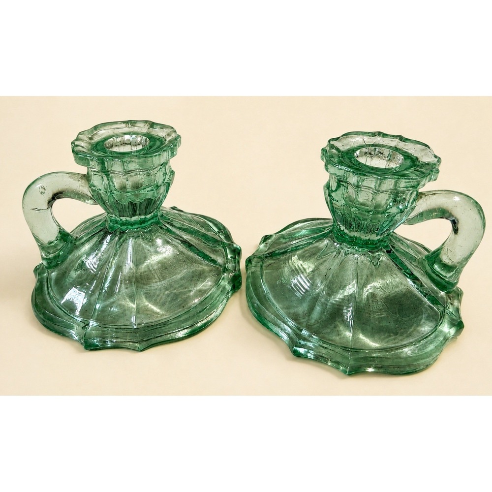 T10130-Vintage Green Pressed Glass Candle Holders Pair Handled Scalloped Base